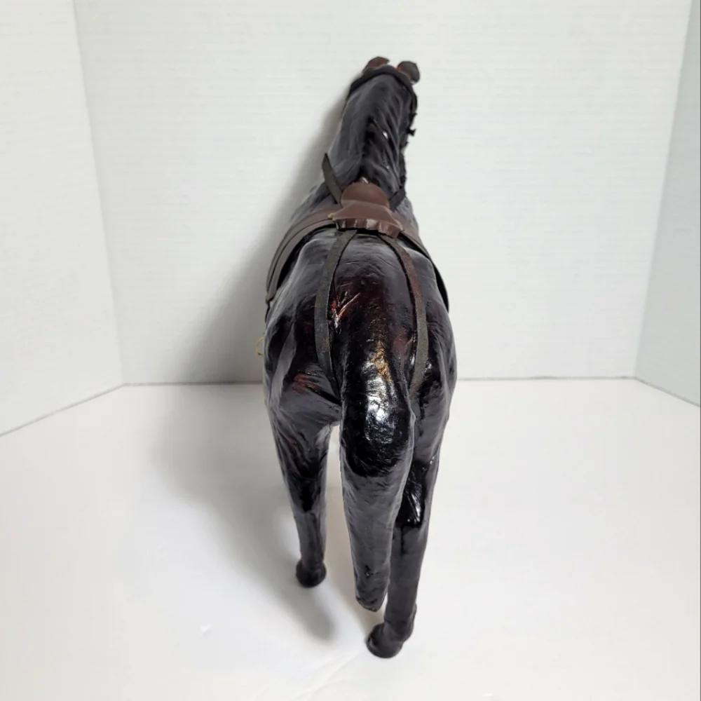 Vintage Brown Leather Wrapped Horse Statue Figure With Saddle - Picture 4 of 12